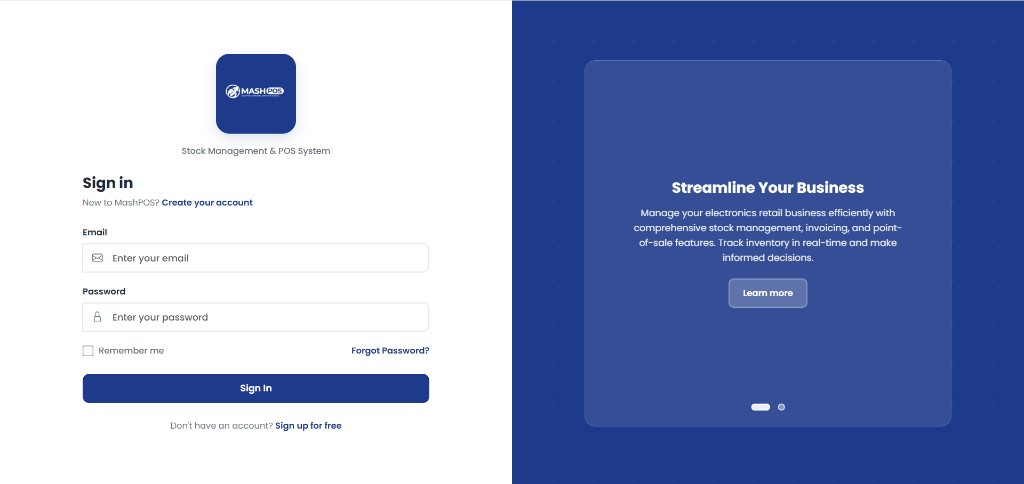 MashPOS stock management and POS login